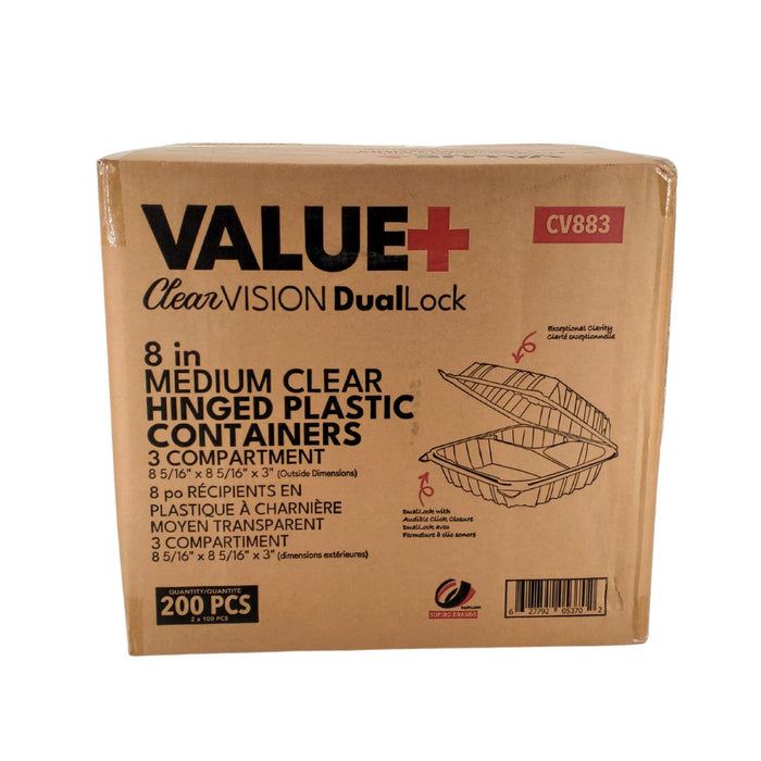 Value+ - Dual Lock - 8 in Medium Clear Hinged Containers - 3 Comp - CV883