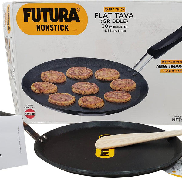 Hawkins Futura Nonstick Flat Tava with Plastic Handle, Diameter 30 cm,  Thickness 4.88 mm, Black (NFT30P)